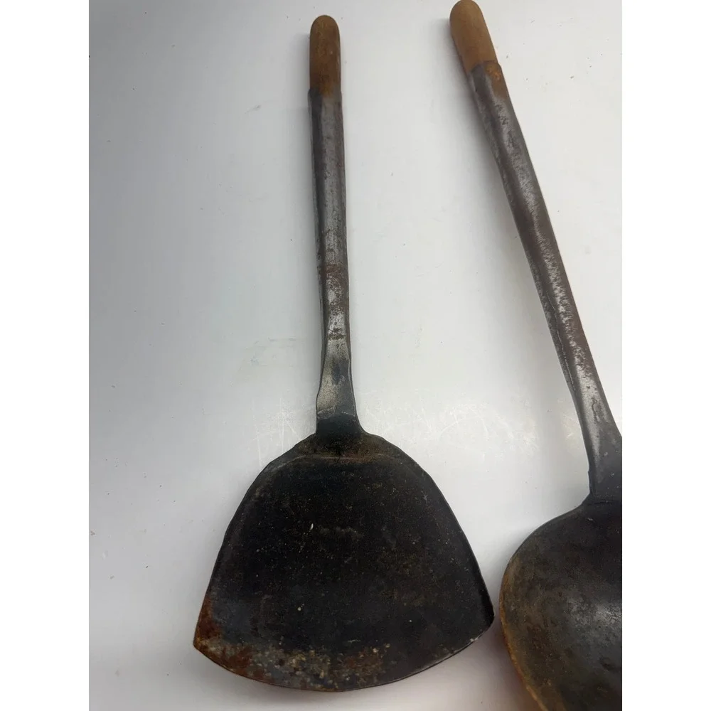 Antique Hand Forged Carbon Steel Wok Spatula and Ladle Set Wooden Handle Rustic